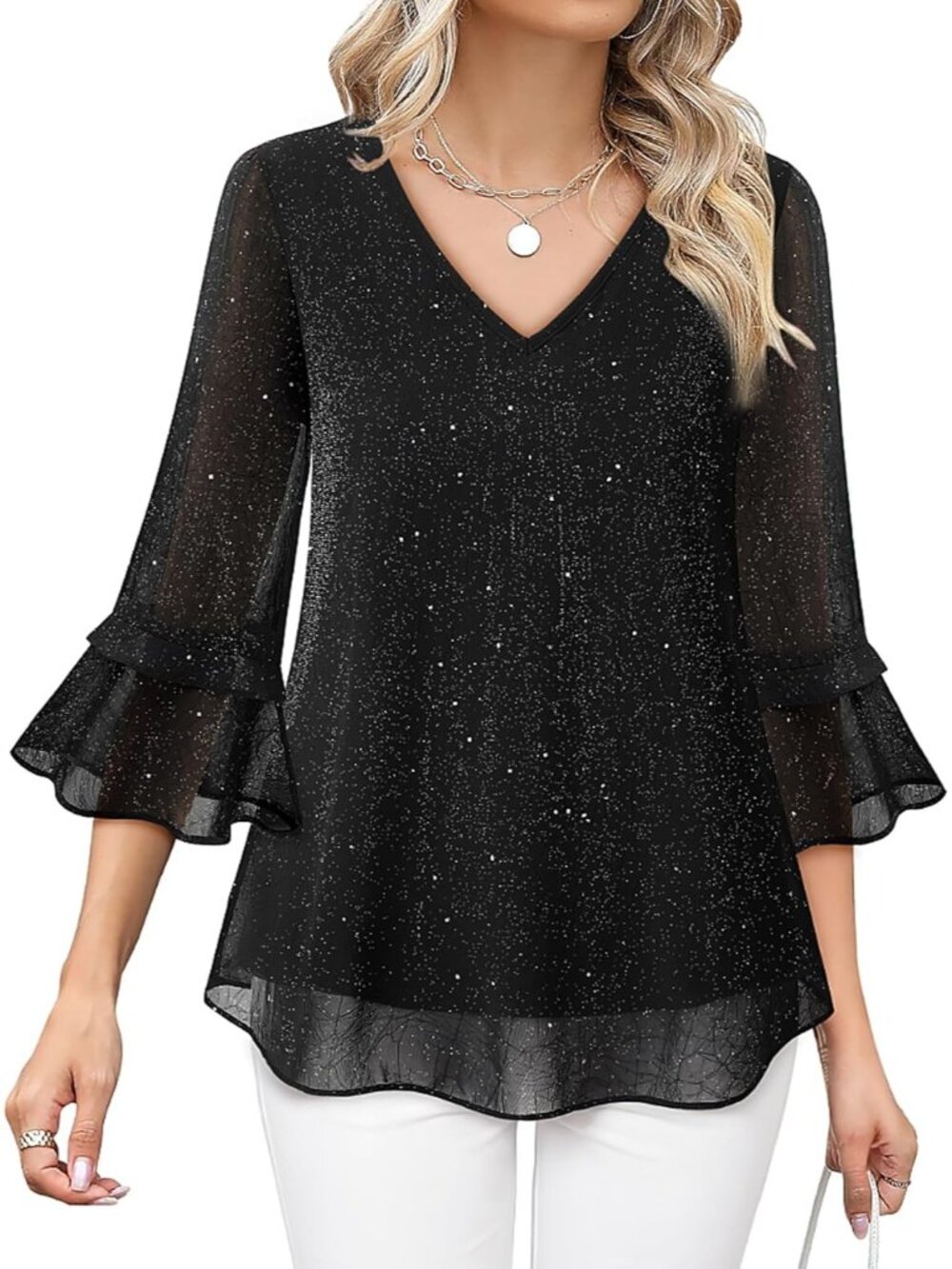 Women's Top Black Casual Ruffle 3/4 Sleeves V Neck Floral Chiffon Blouses